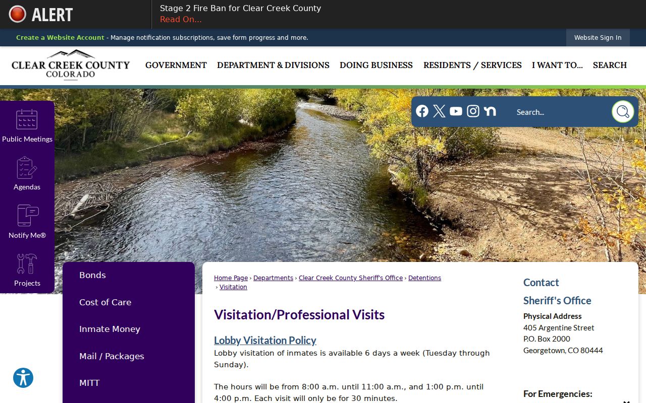 Clear Creek County jail visitation information
