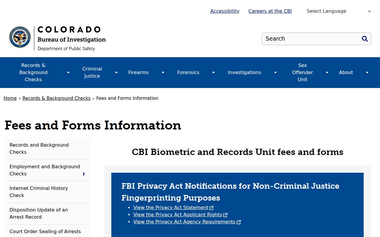 Clear Creek County criminal history fees and CBI request forms