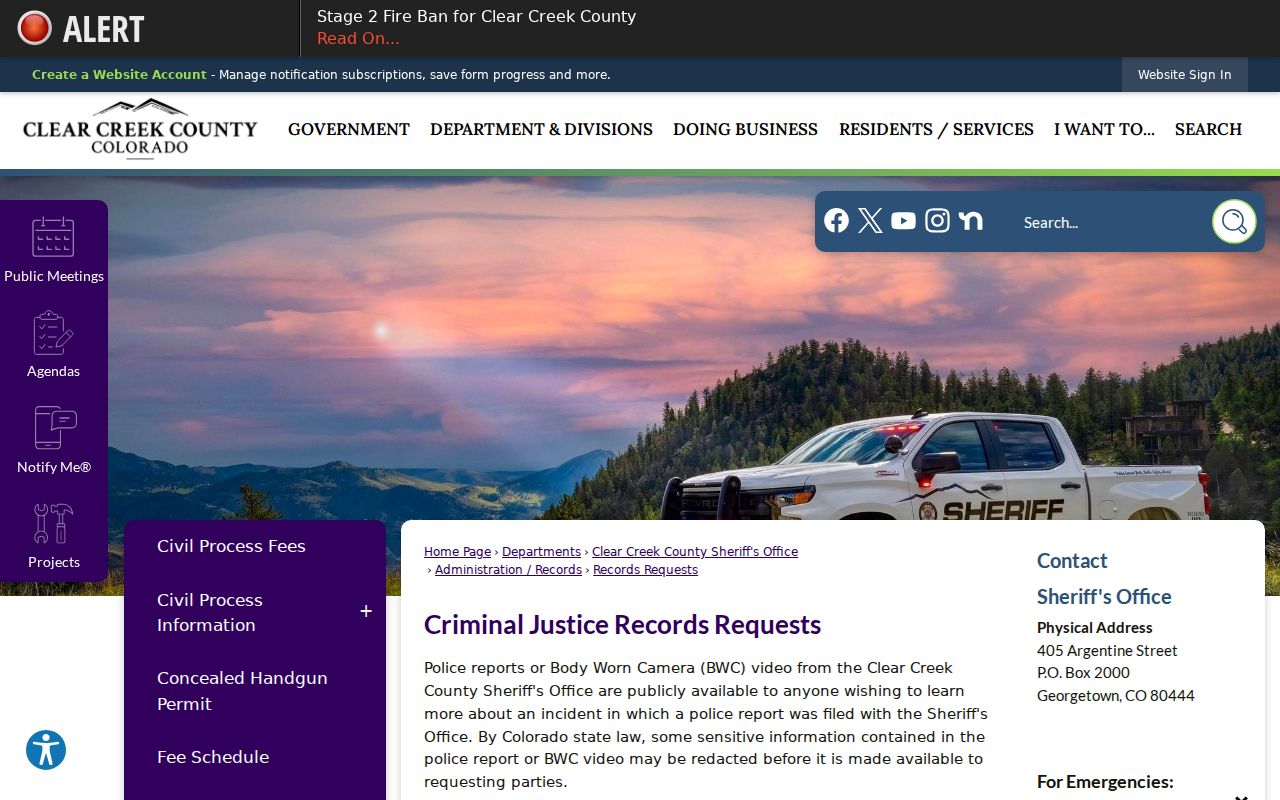 Clear Creek County sheriff criminal records request channel