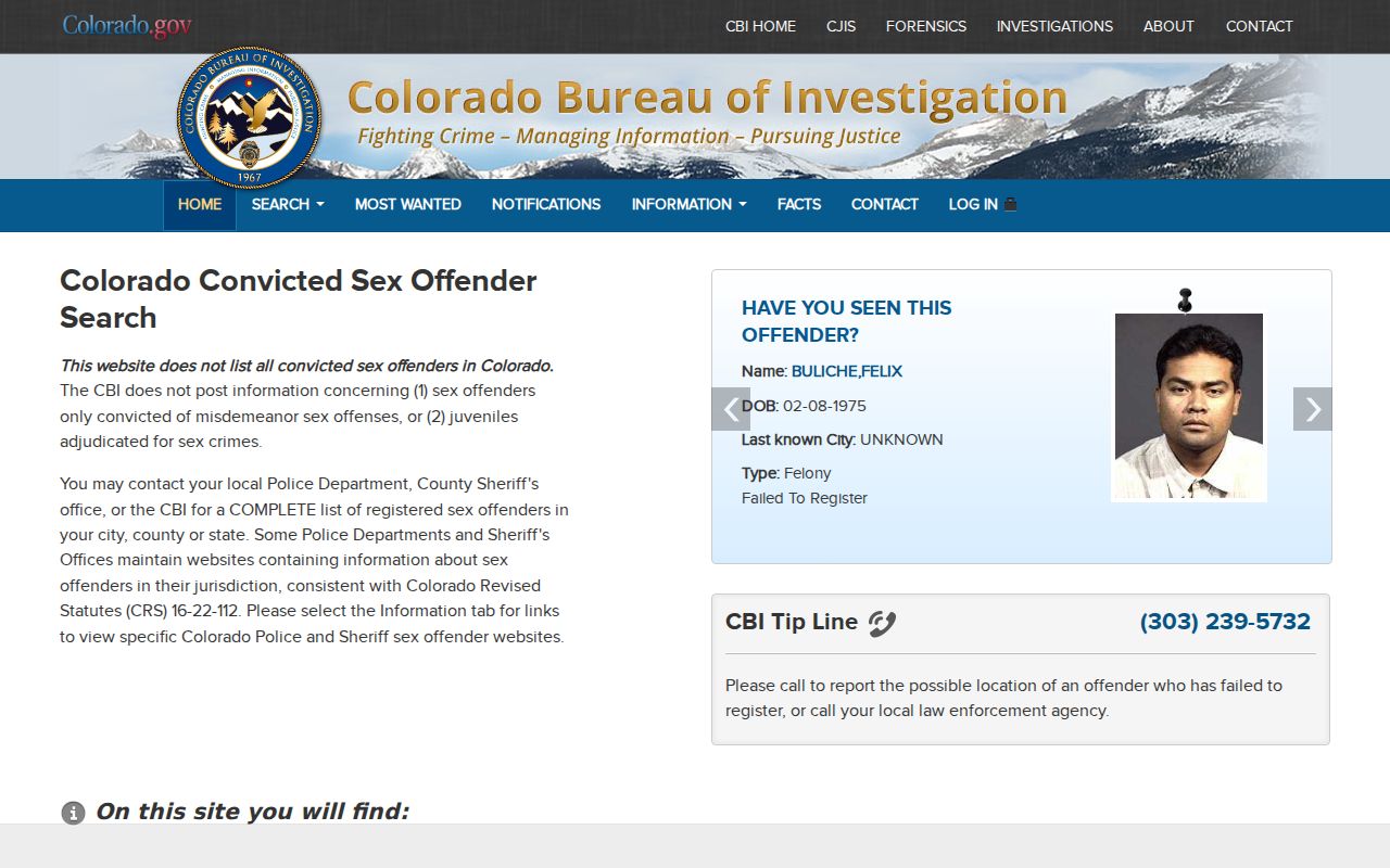 Colorado registry interface for Clear Creek County sex offender records